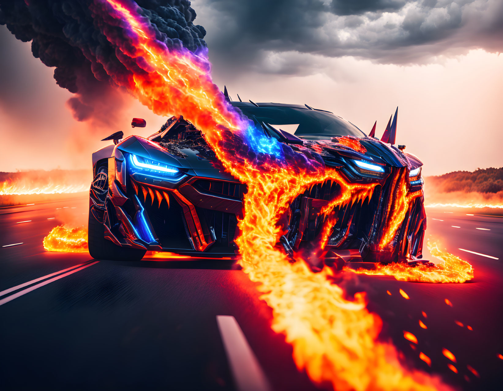 Futuristic car with blue headlights and fiery orange flames on stormy highway