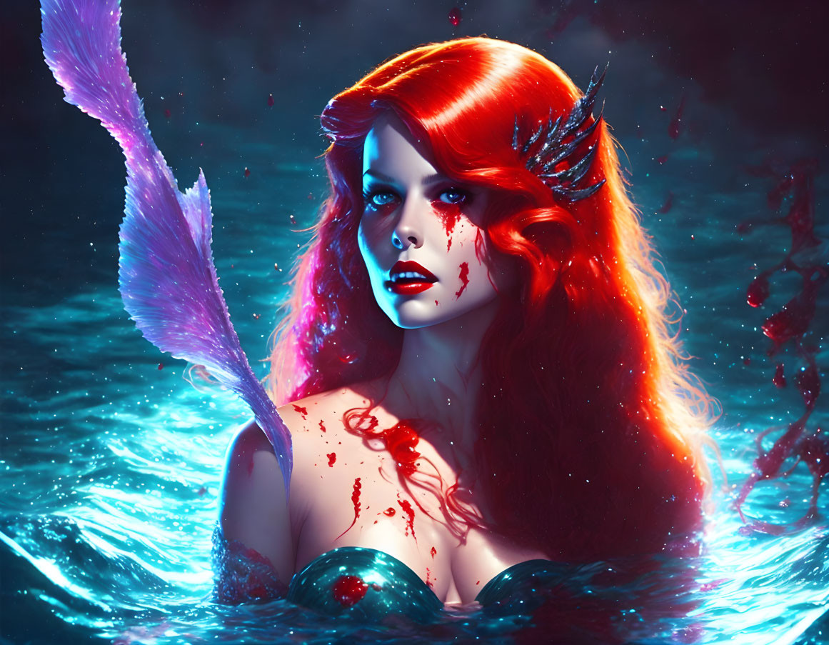 Vibrant red-haired mermaid emerges with striking facial features