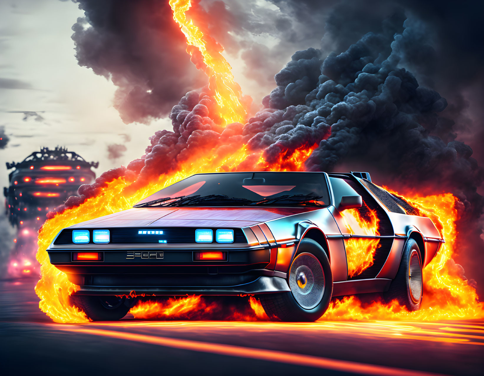 Flaming DeLorean drives through lightning storm and erupting volcano