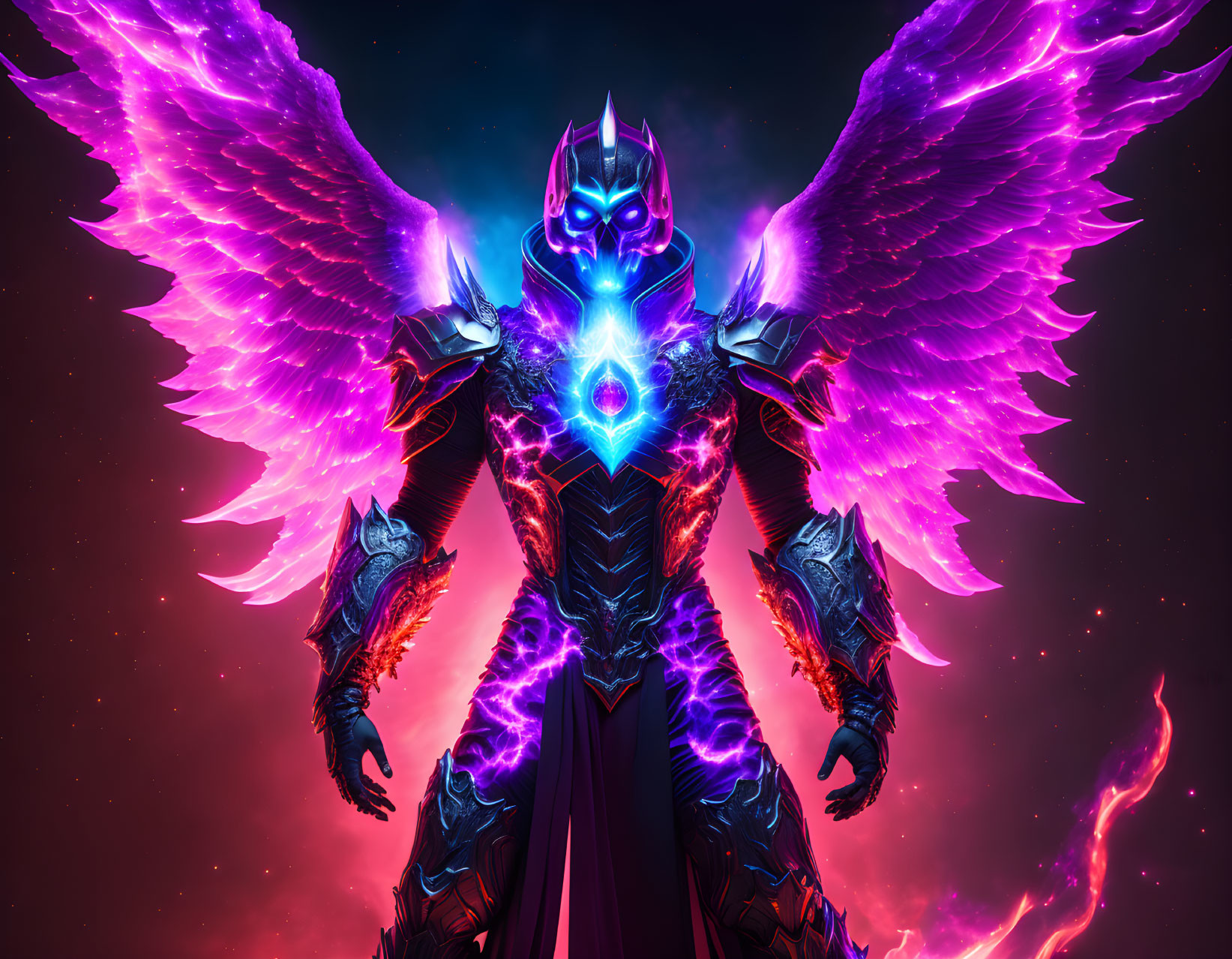 Glowing purple-winged figure in dark suit against cosmic backdrop