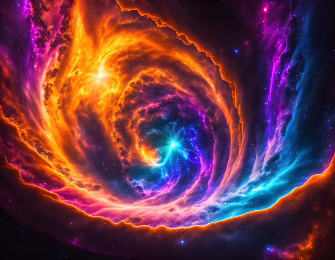 Colorful swirling galaxy with bright stars in orange, purple, and blue hues