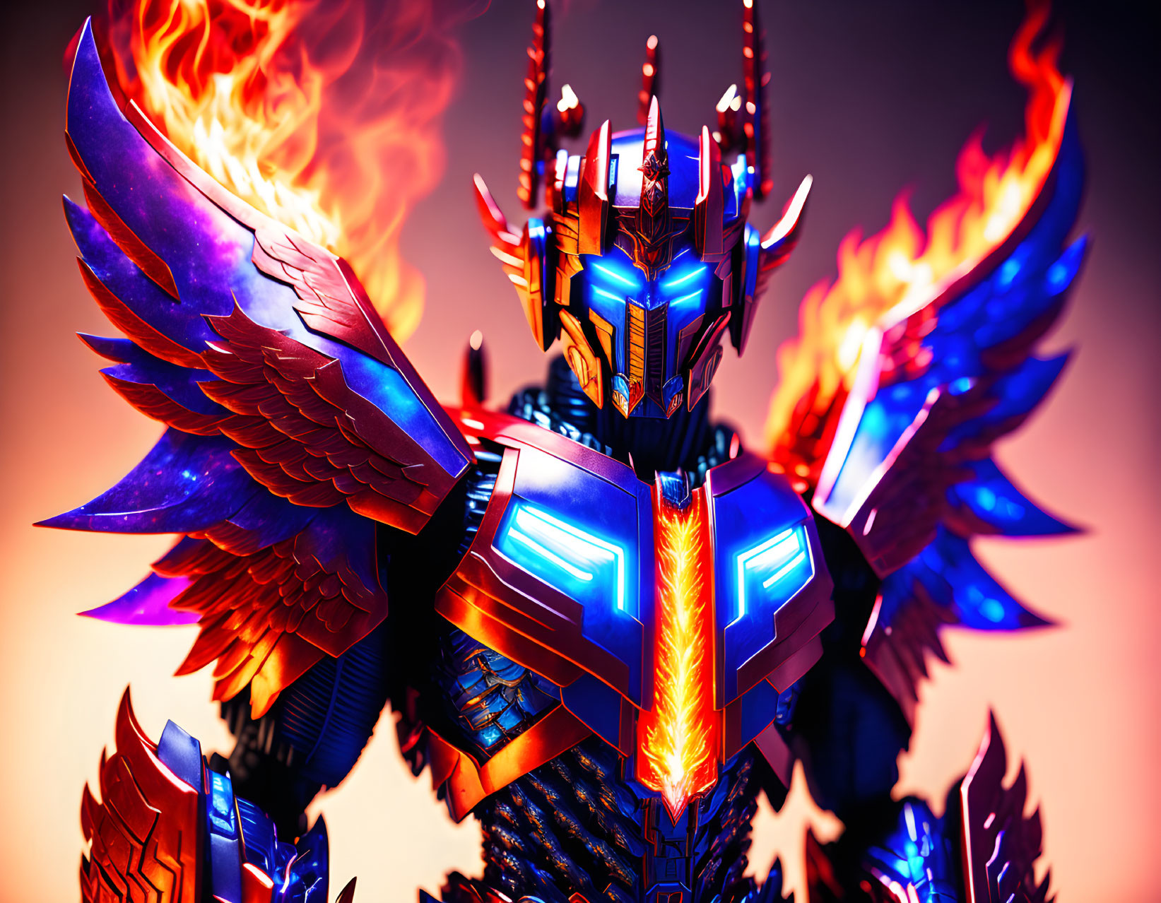 Colorful Robotic Figure with Fiery Wings and Glowing Armor on Crimson Background