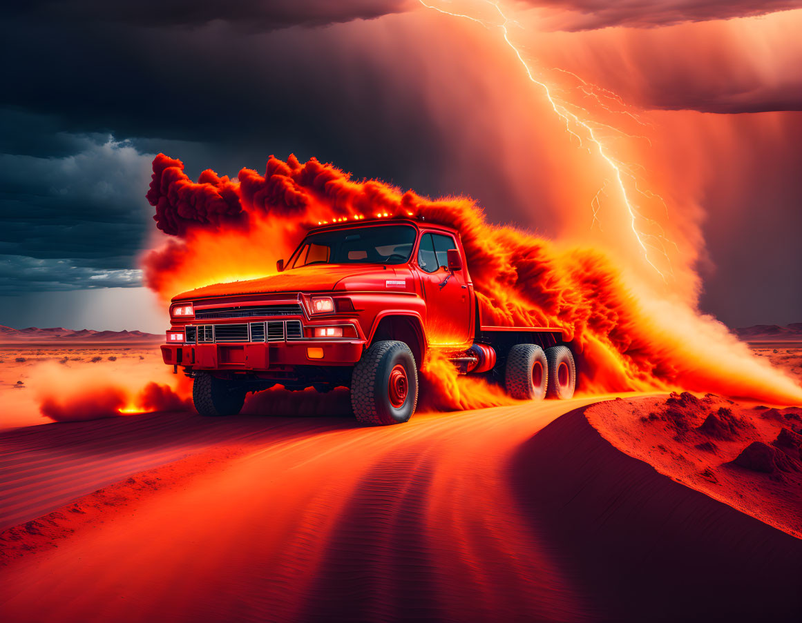 Red Truck Engulfed in Orange Flames on Desert Road Amid Stormy Sky