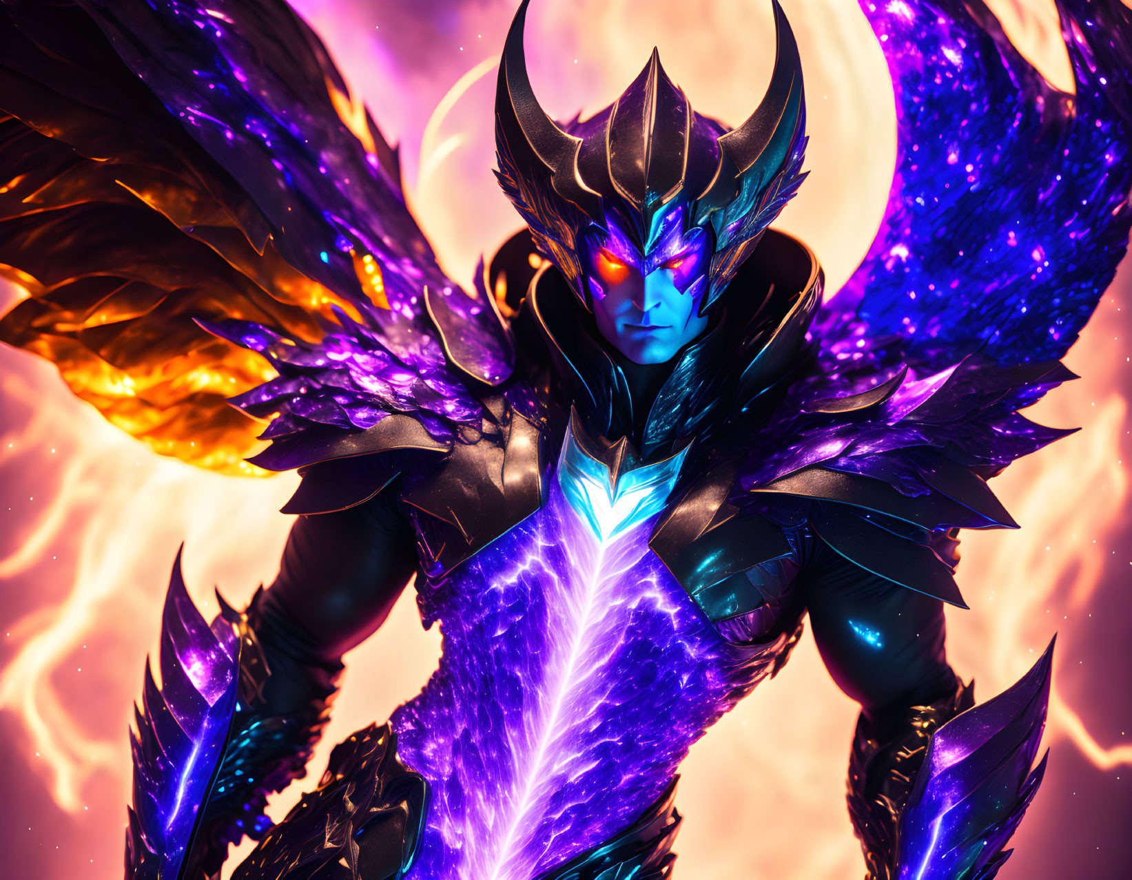 Fantasy character in dark armor with purple energy wings on fiery background.