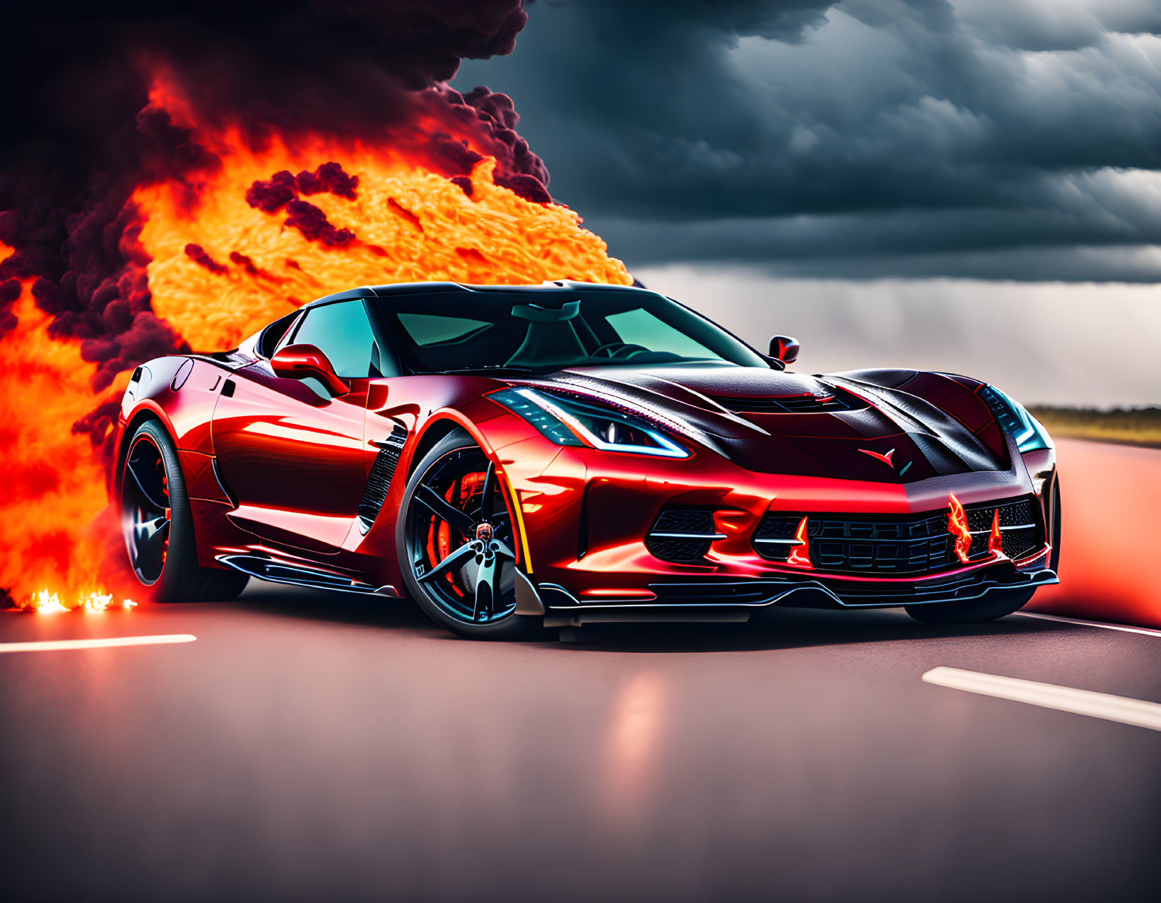 Red sports car on road with fiery explosion and stormy sky