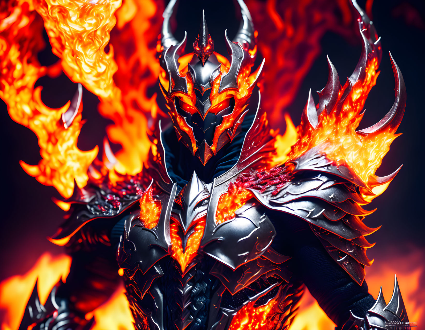 Fiery wing-like armor in black and red with flames on dark backdrop