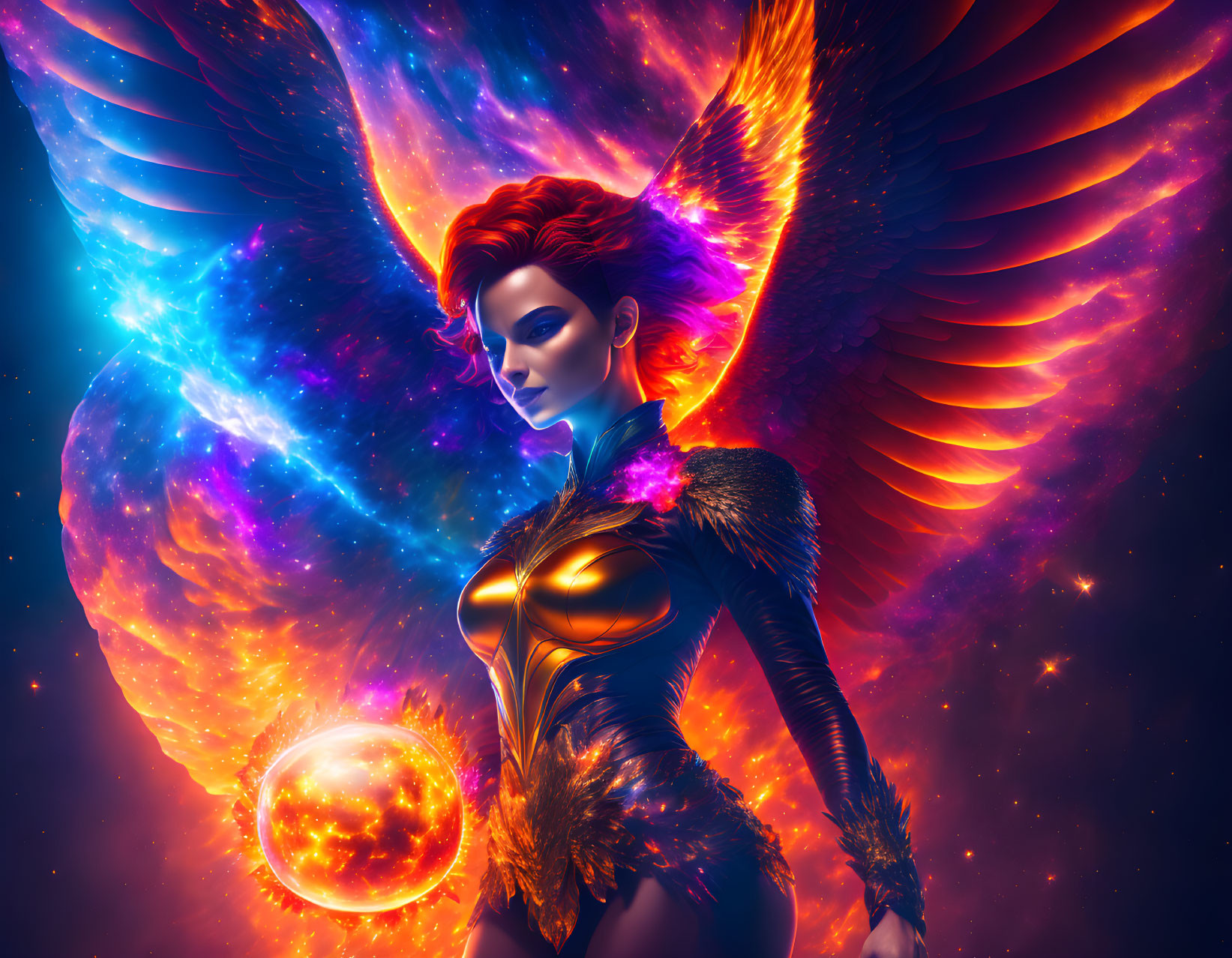 Fantasy winged female with glowing orb in cosmic scene