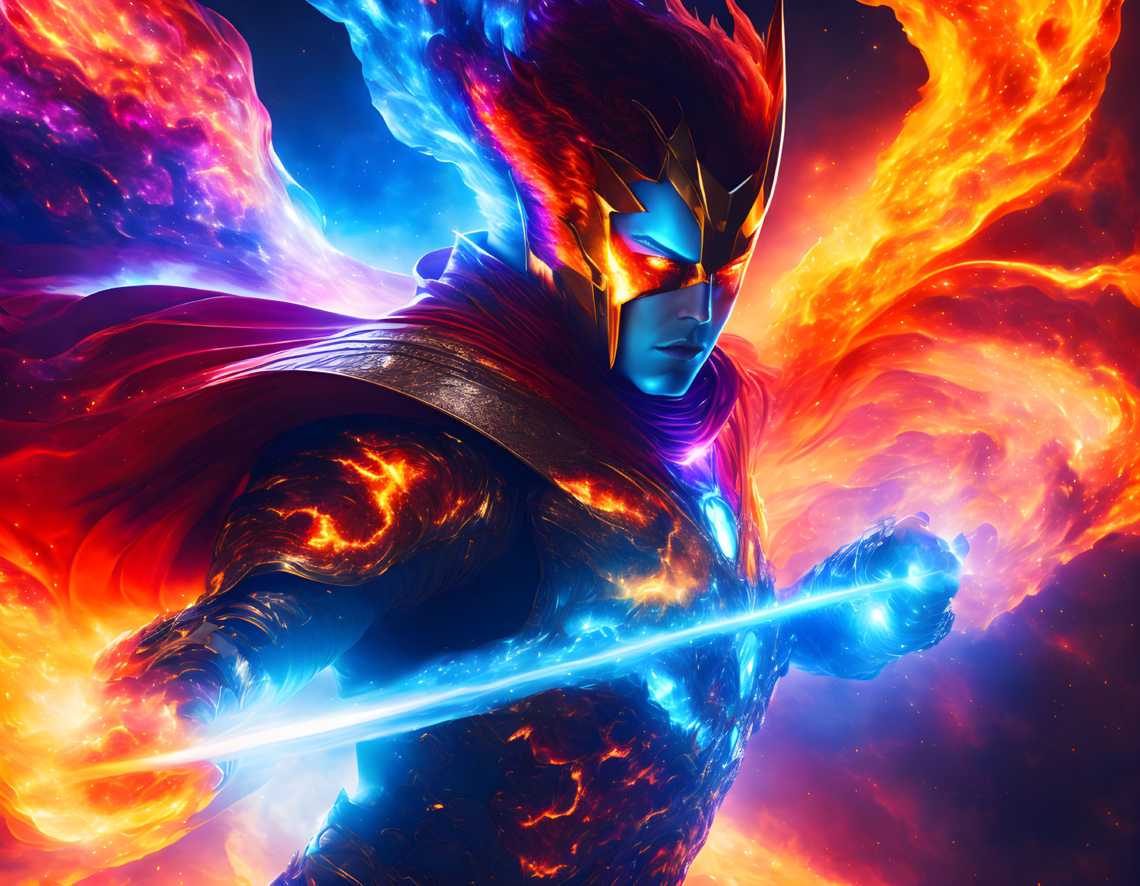 Superhero wielding blue sword in cosmic flames