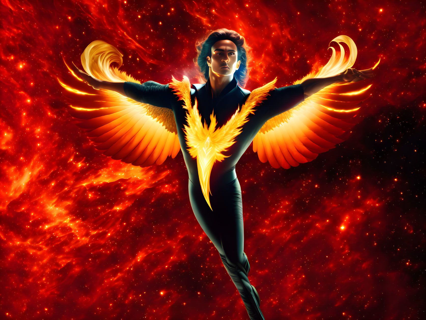 Fiery phoenix wings against blazing cosmic backdrop