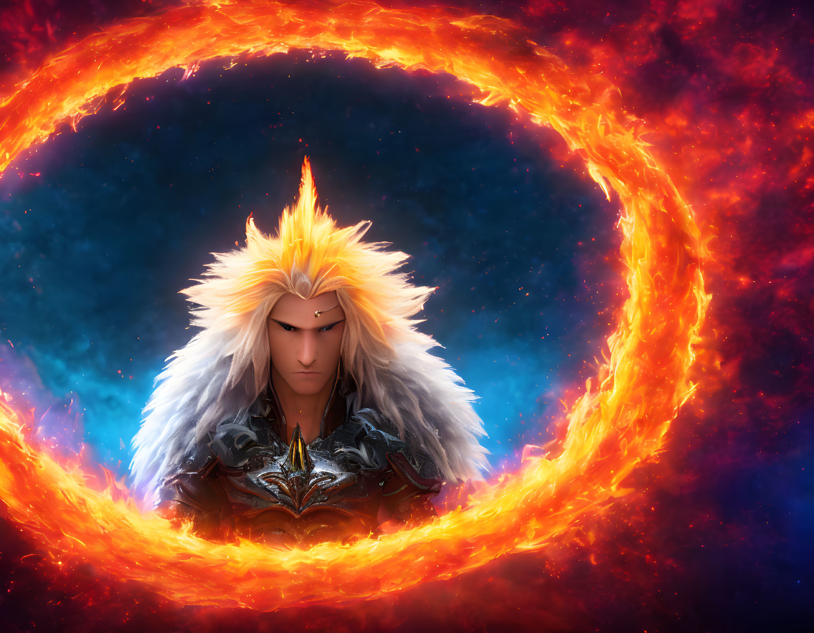 Spiky blond hair character in armor with fiery ring on cosmic background