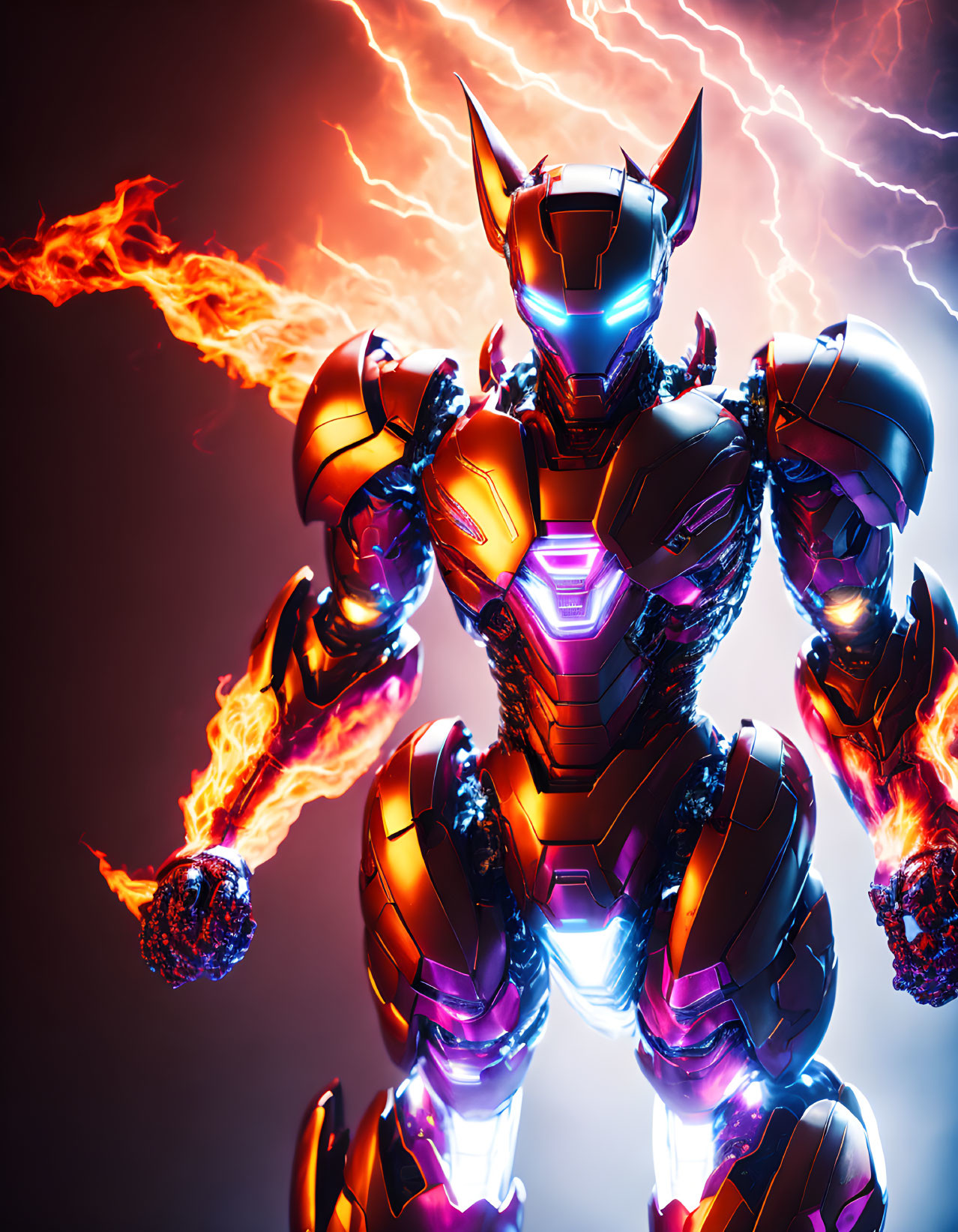 Futuristic armored robot with glowing purple elements and fiery fists on dynamic lightning background