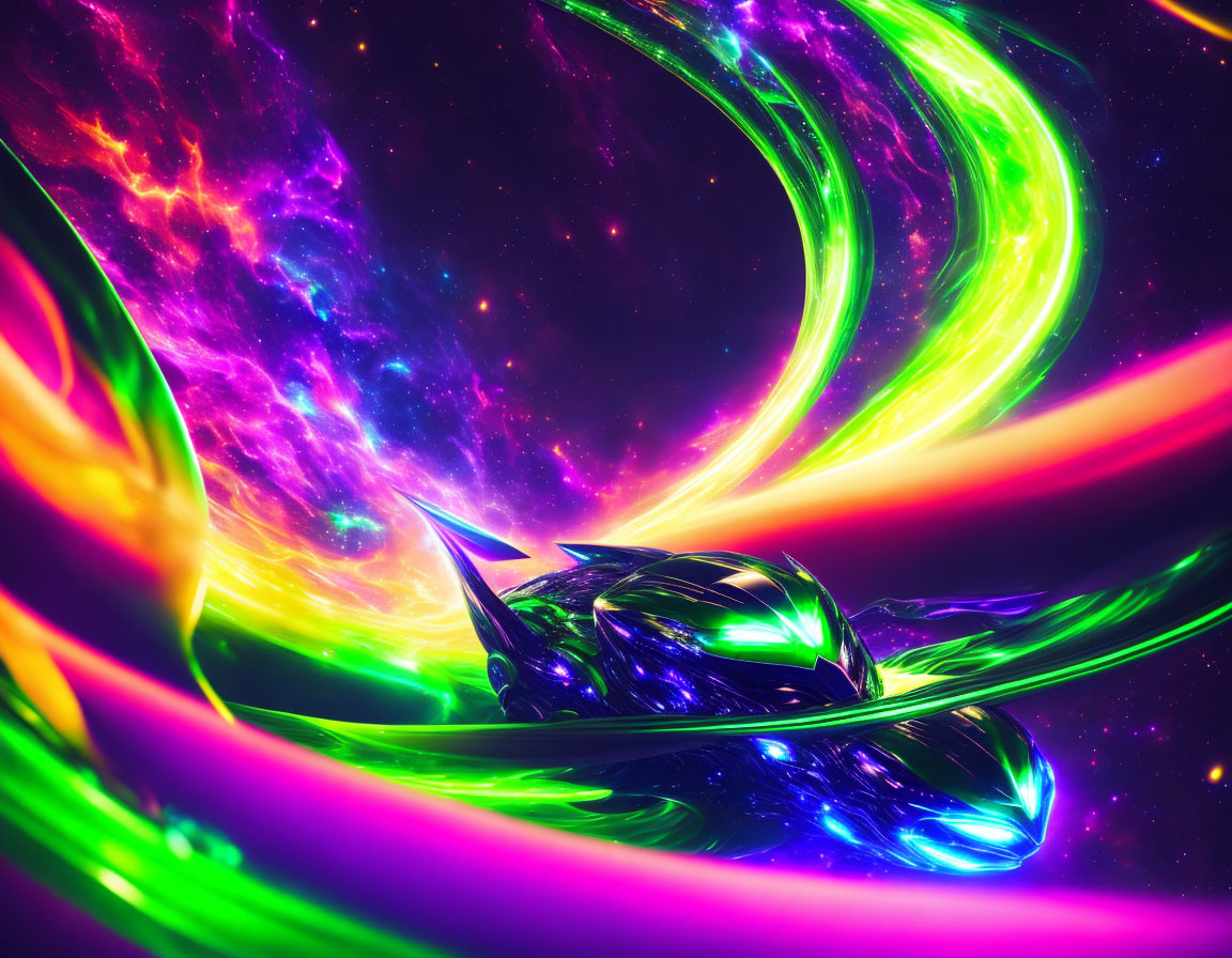 Futuristic vehicle racing through vibrant cosmic landscape