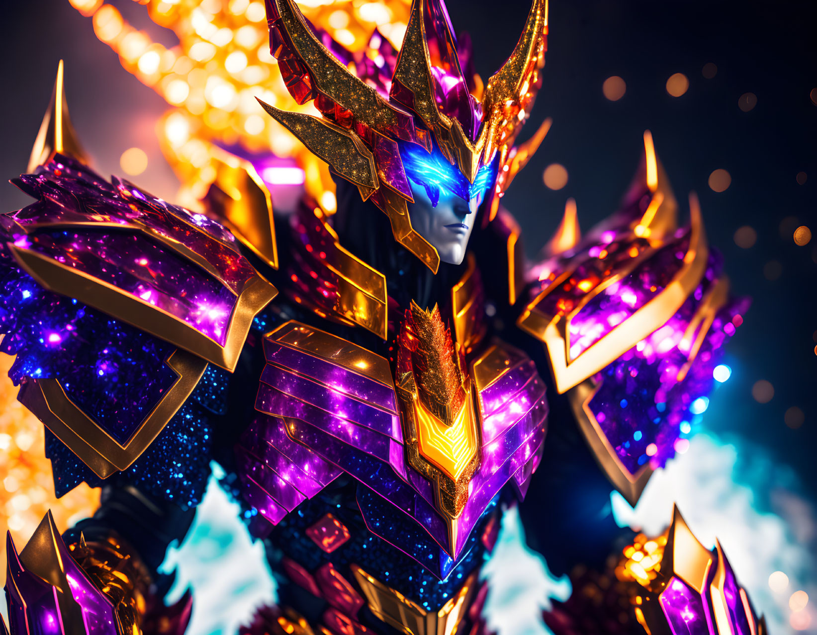 Character in ornate gem-studded armor with golden winged helmet against backdrop of lights and flames.