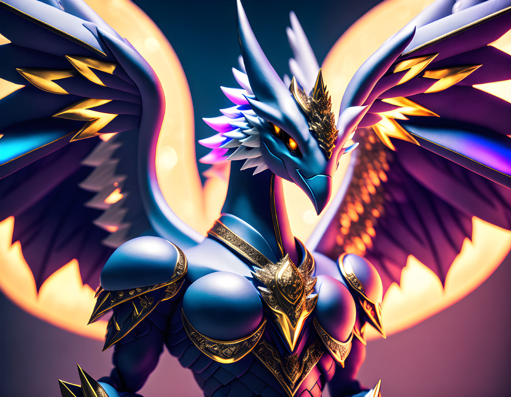 Majestic armored dragon with extended wings in vibrant purple, blue, and gold hues