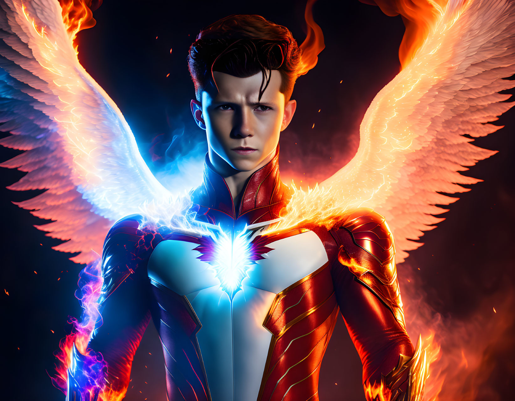 Superhero digital art: fiery wings, red suit, glowing emblem, intense gaze, powerful aura,