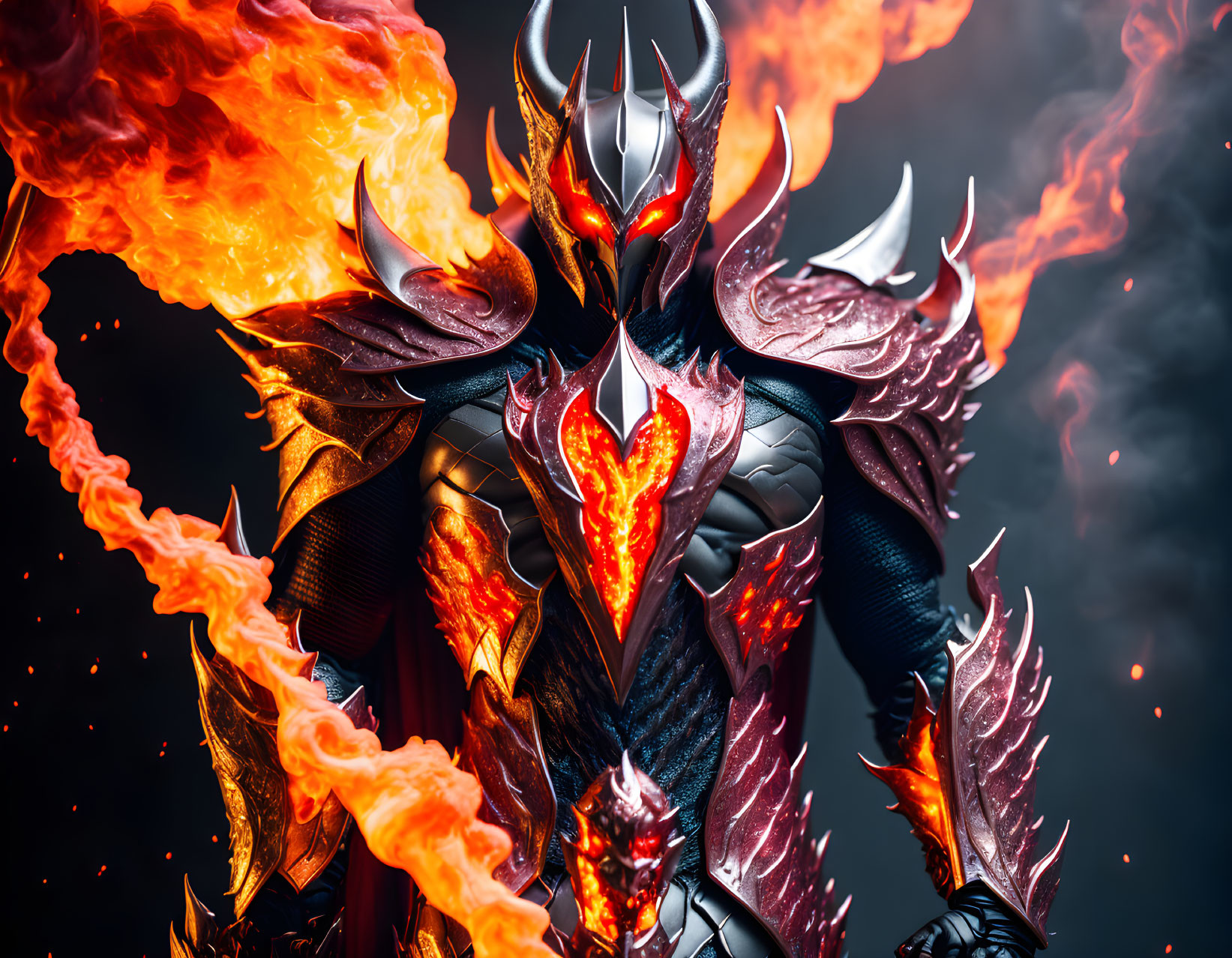 Figure in Black and Red Armor with Flame Motifs and Swirling Flames