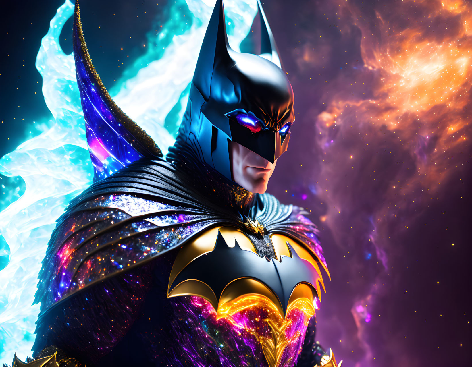 Detailed Batman illustration in cosmic backdrop with fiery and icy elements