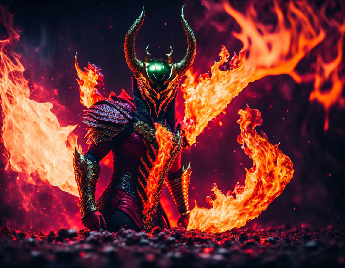 Person in horned armor costume amidst fiery background & intense flames.