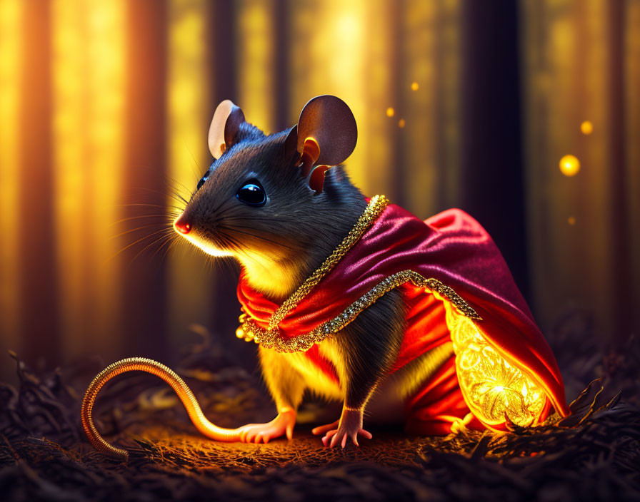 Regal mouse in red cloak with gold trimmings in dramatic setting