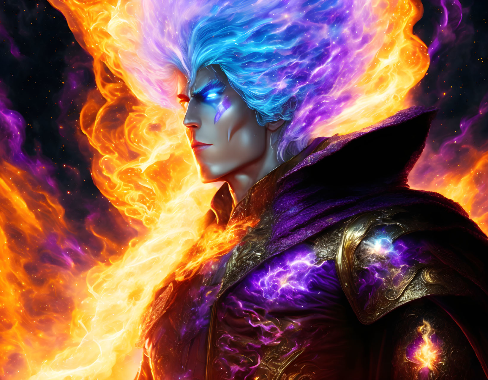 Fantasy image of character with orange and blue hair in mystical armor