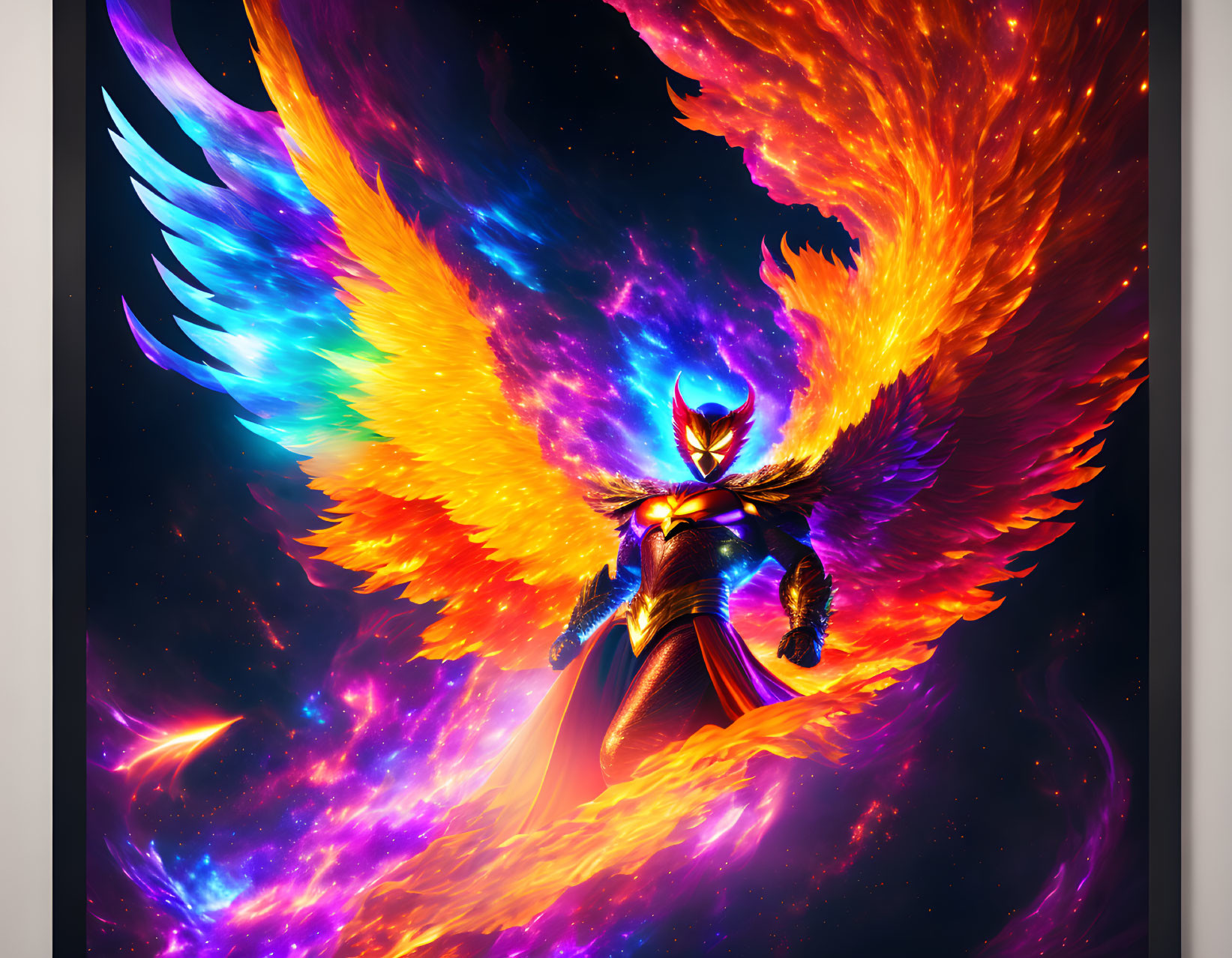 Colorful character with phoenix wings in cosmic setting