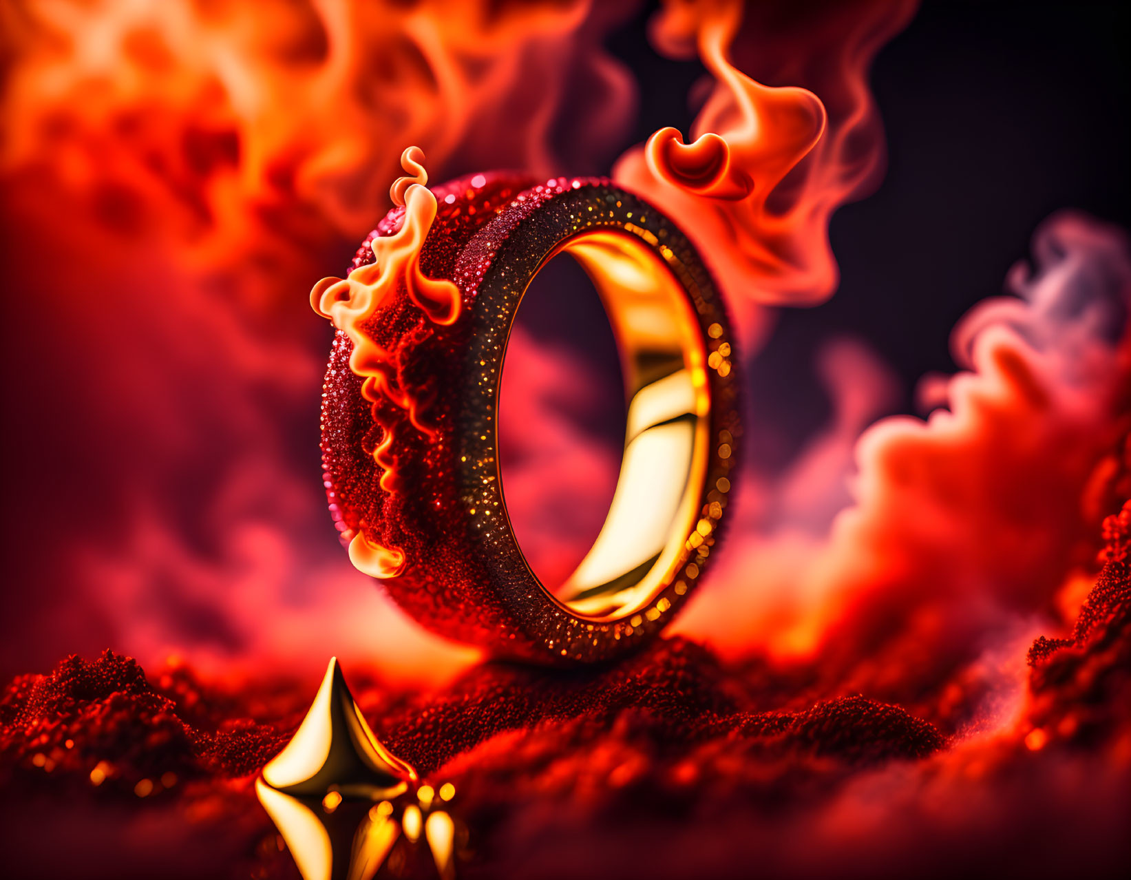 Golden ring with fiery designs on dark red background