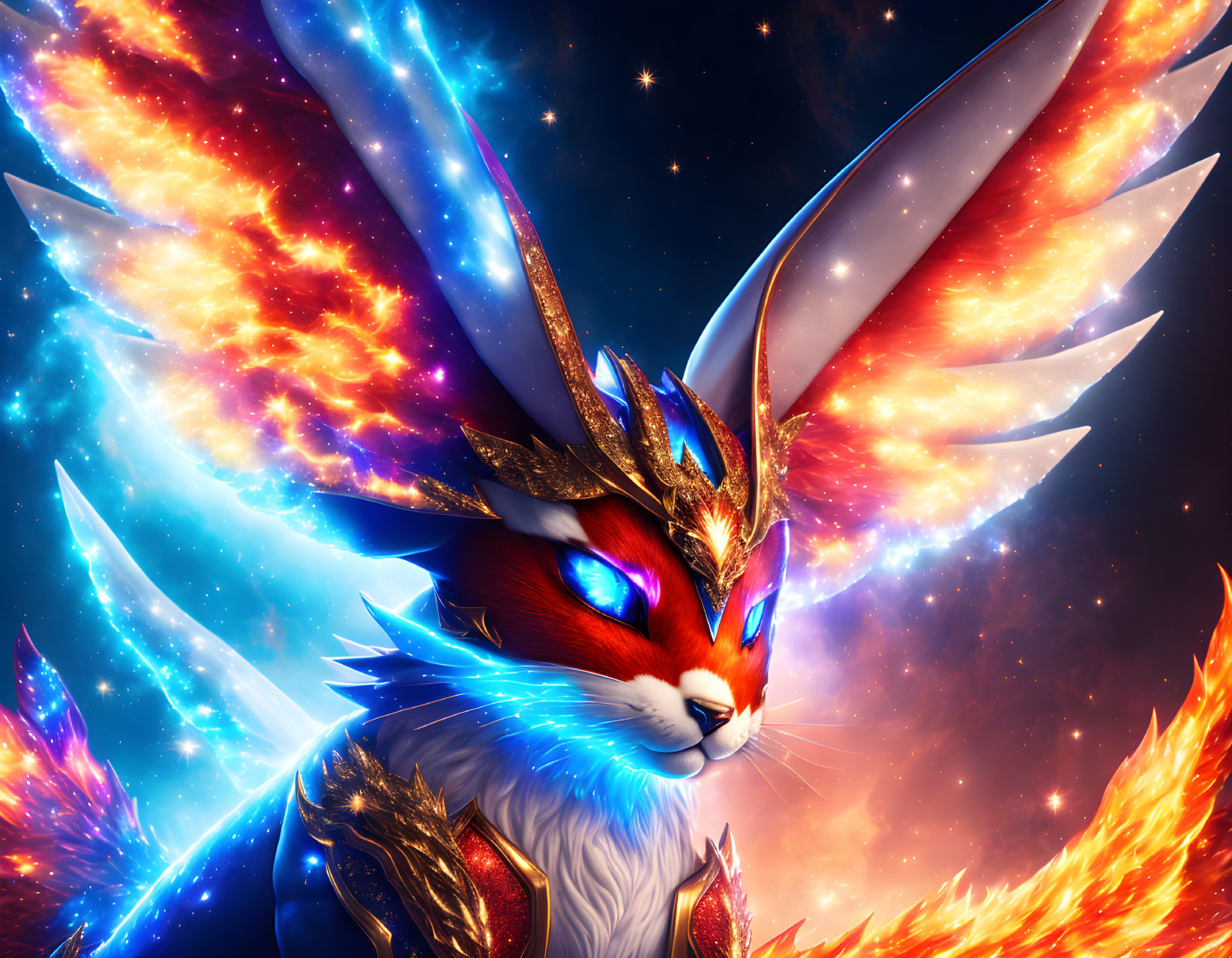 Mythological rabbit with fiery wings and cosmic background