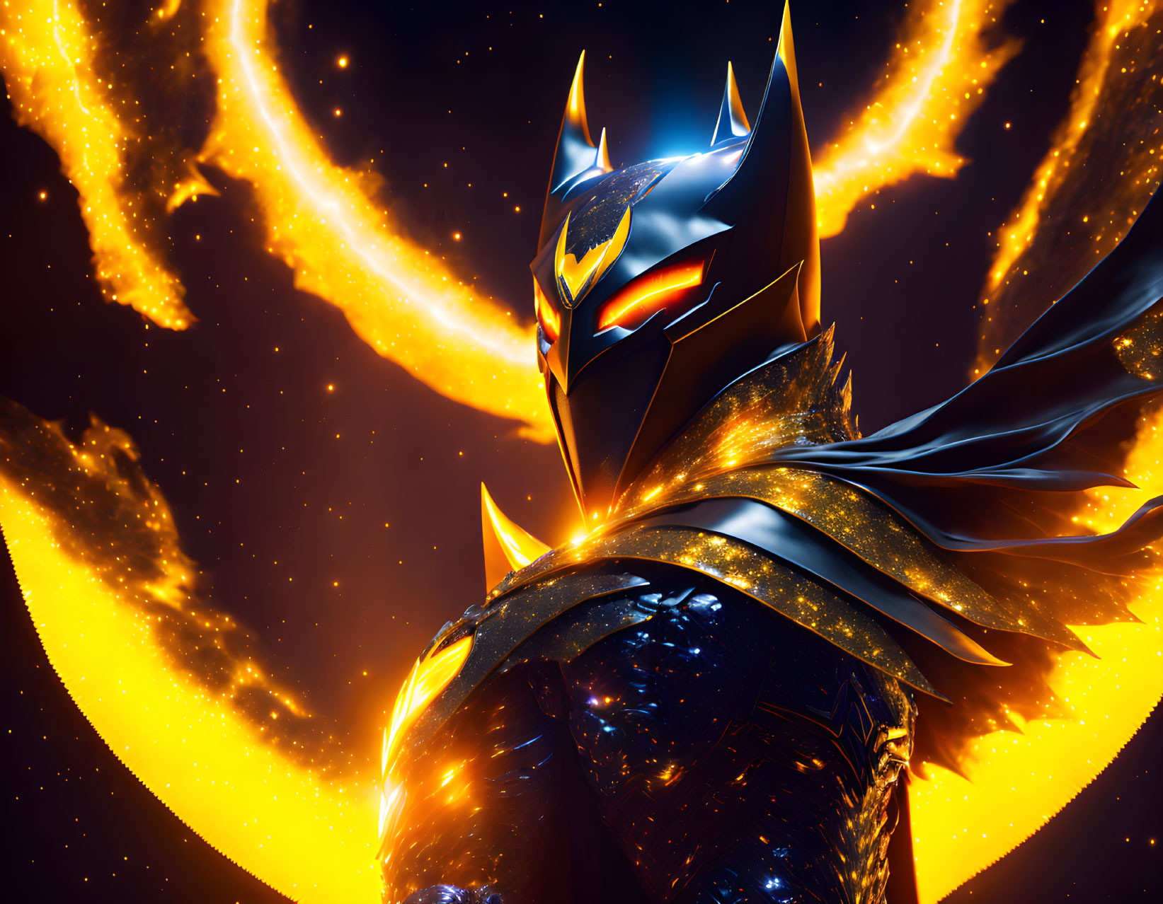 Stylized armored Batman with glowing eyes in fiery phoenix energy.