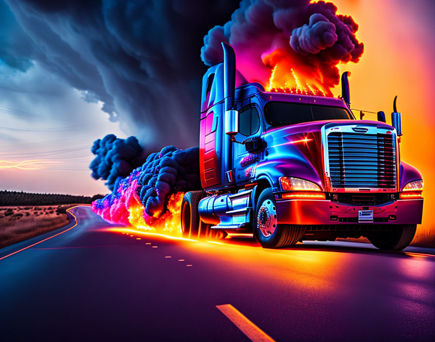 Neon-lit semi-truck in apocalyptic digital artwork