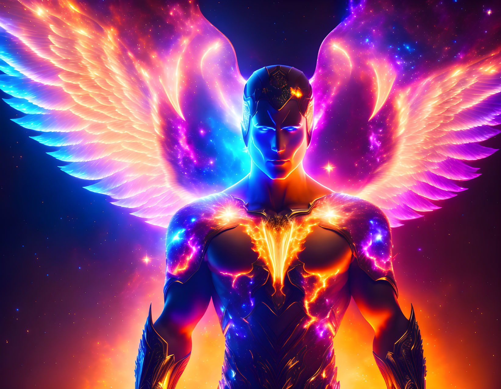 Digital artwork: Powerful angelic figure with glowing wings in cosmic background