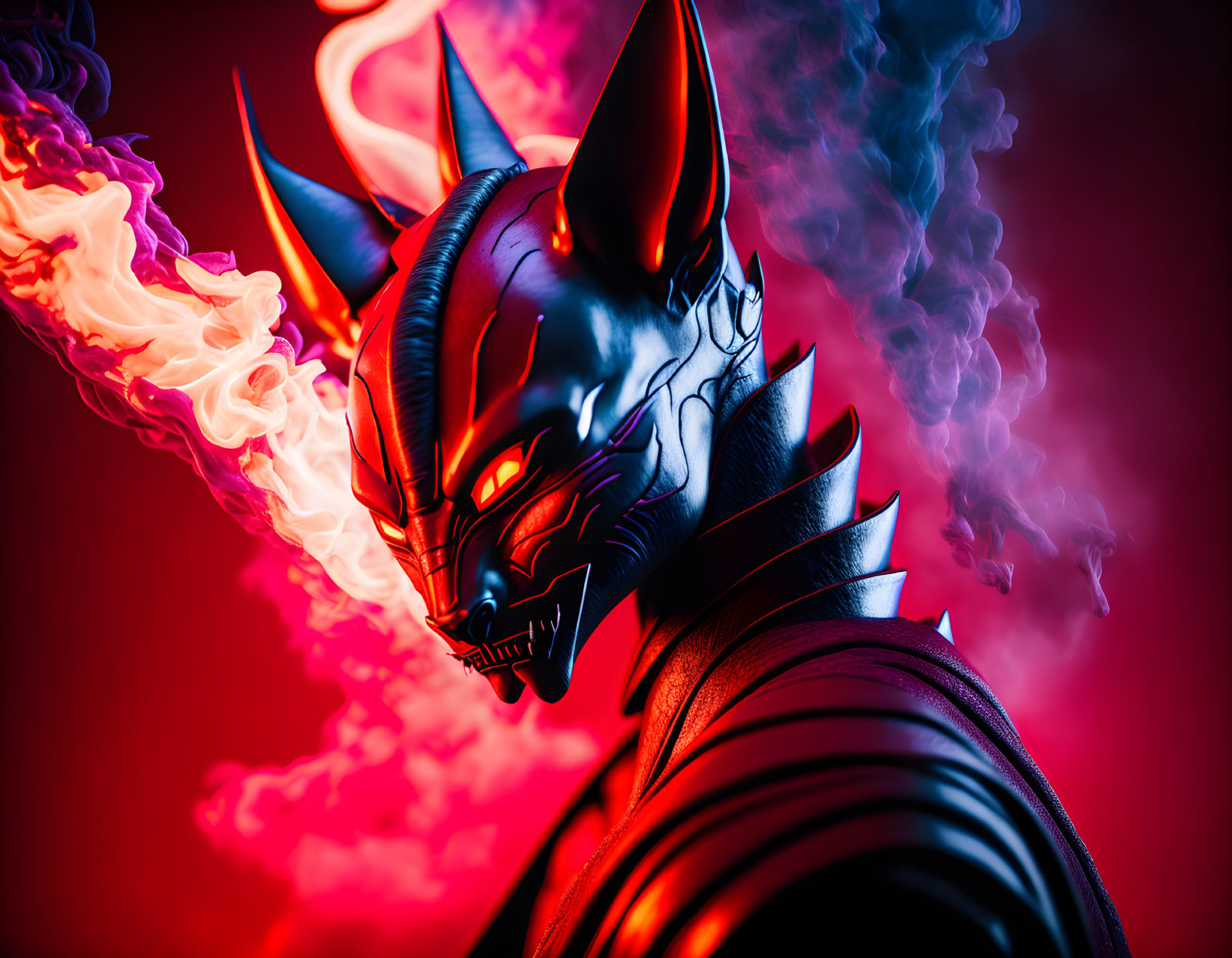 Character in demonic mask surrounded by flames and smoke on red background