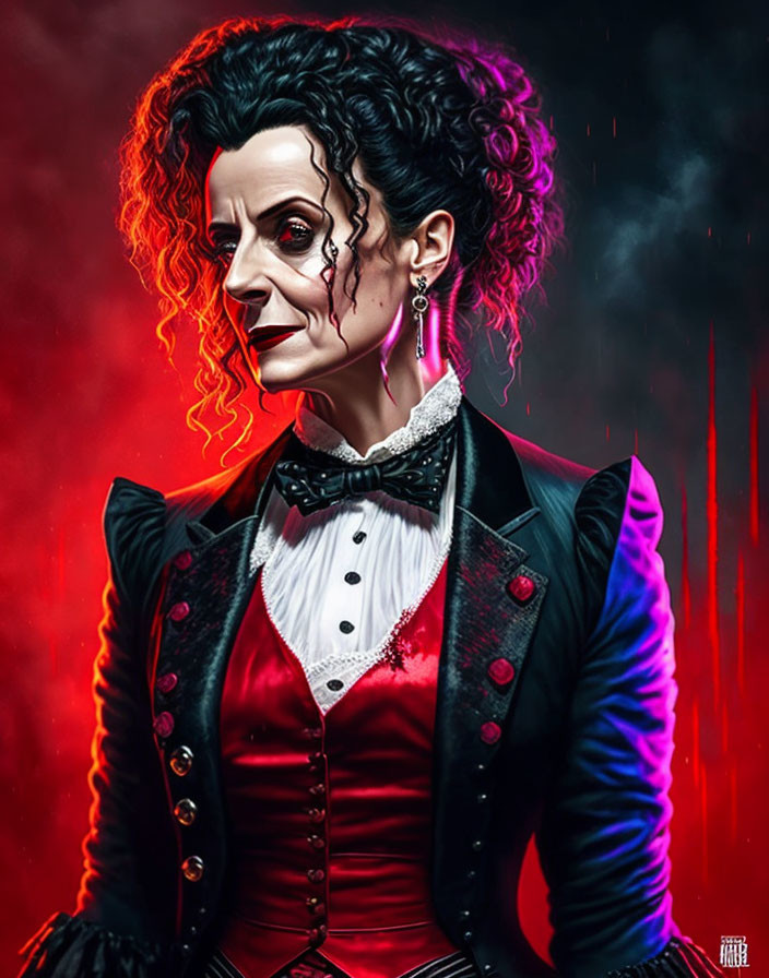 Gothic woman in Victorian attire with dark makeup on red background