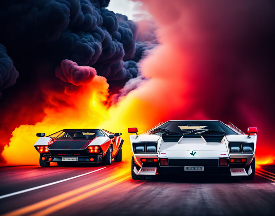 Sports cars racing with fiery explosions and billowing smoke.