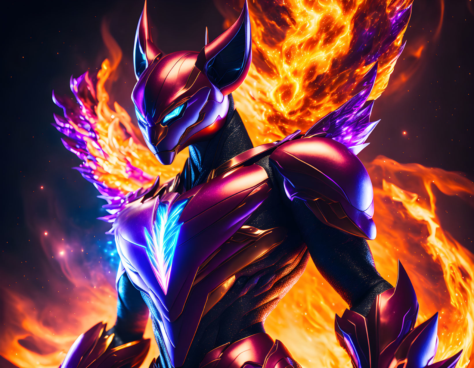 Vibrant futuristic character in purple armor with fiery background.