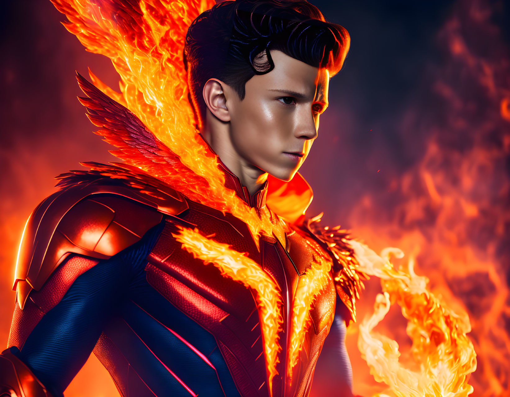 Young Male Superhero in Blue Suit Surrounded by Stylized Flames