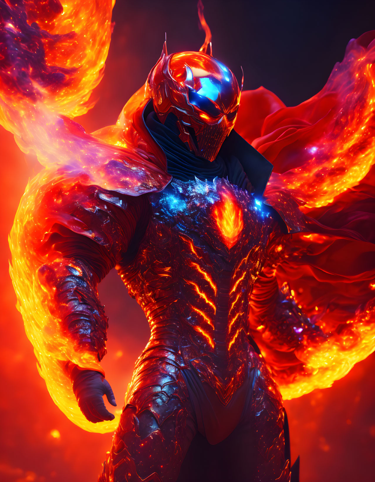 Fiery humanoid figure in glowing armor engulfed in intense flames