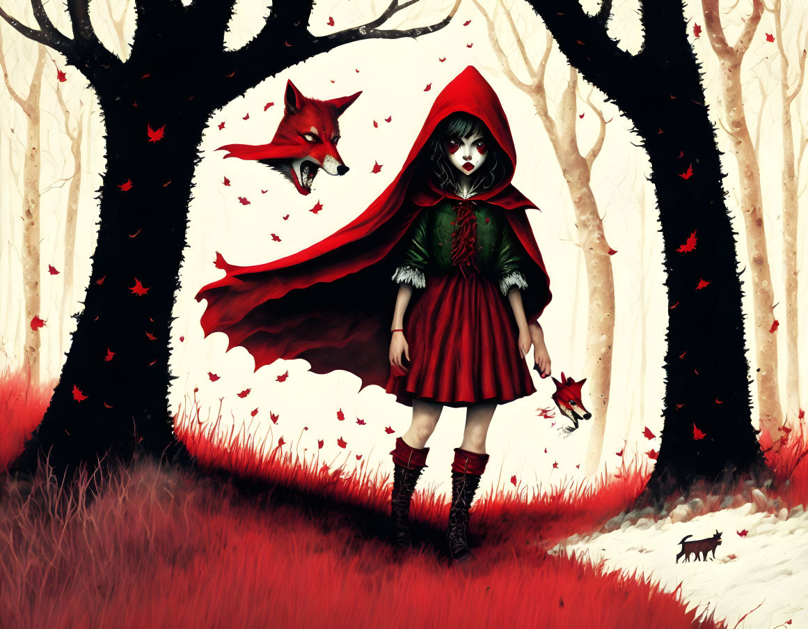 Stylized illustration of Little Red Riding Hood with ghostly wolf in red forest