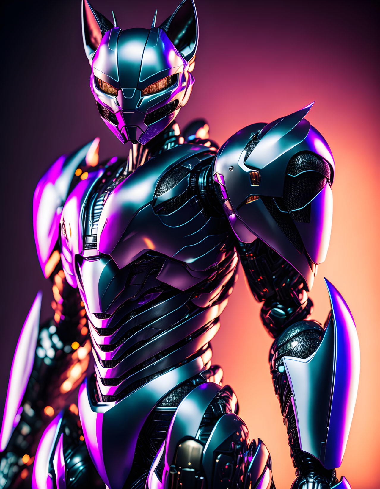 Futuristic Armored Robot in Metallic Purple and Silver with Neon Lights