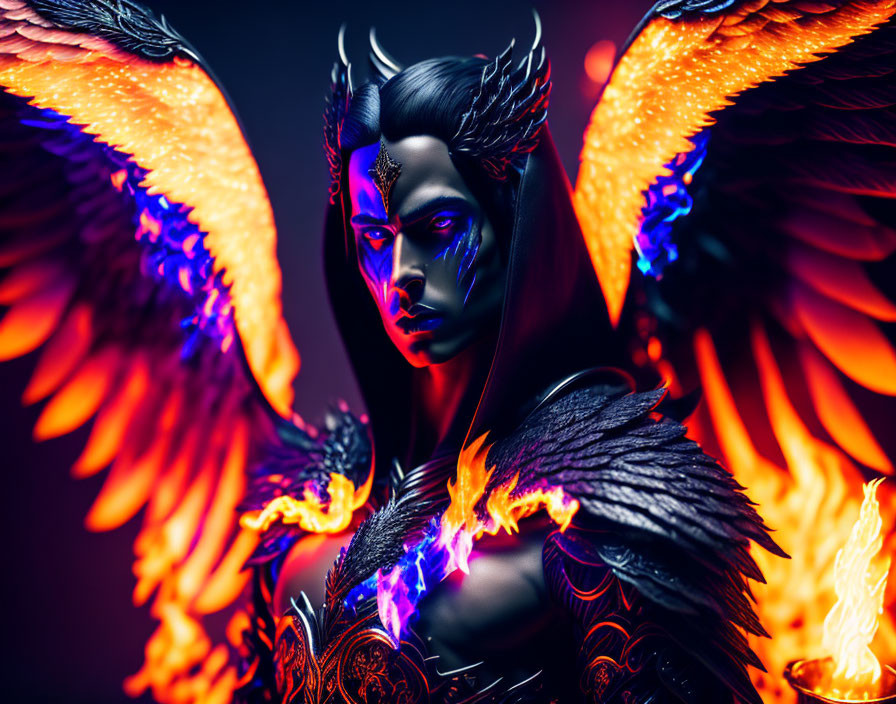 Dark makeup and glowing blue patterns on face with fiery orange wings in mystical setting