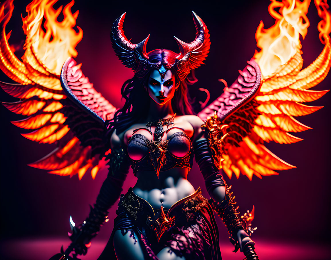 Fantasy figure with wings and horns in ornate armor on fiery backdrop.