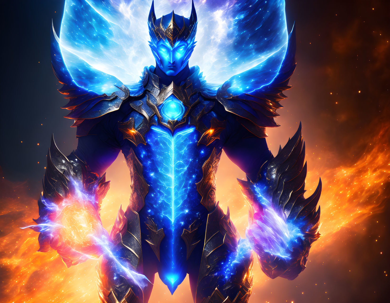 Luminescent blue armored warrior against fiery background