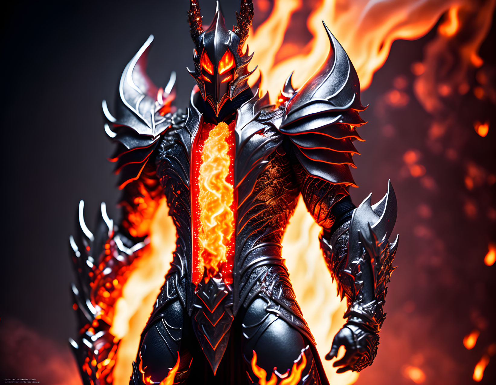 Intricately designed black armored figure in fiery backdrop