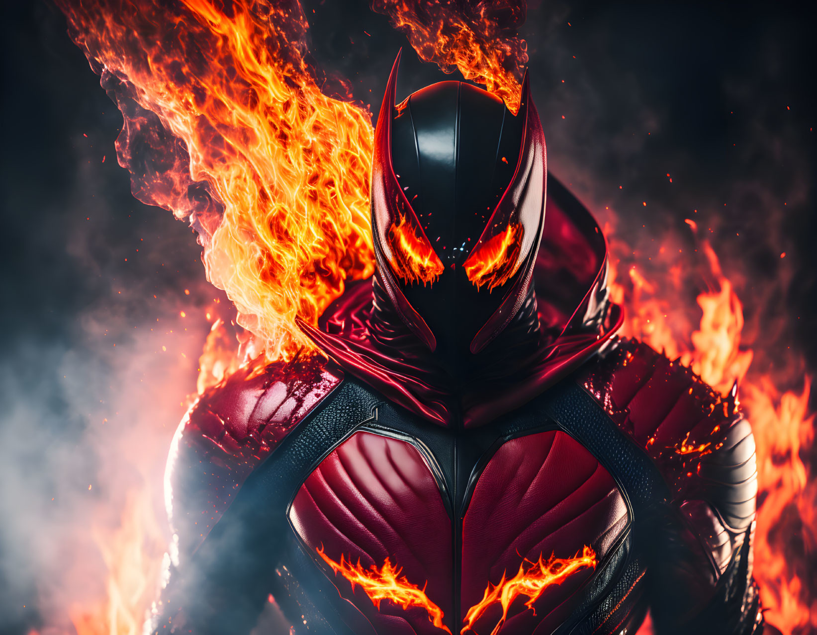 Fiery red and black superhero costume with flames.