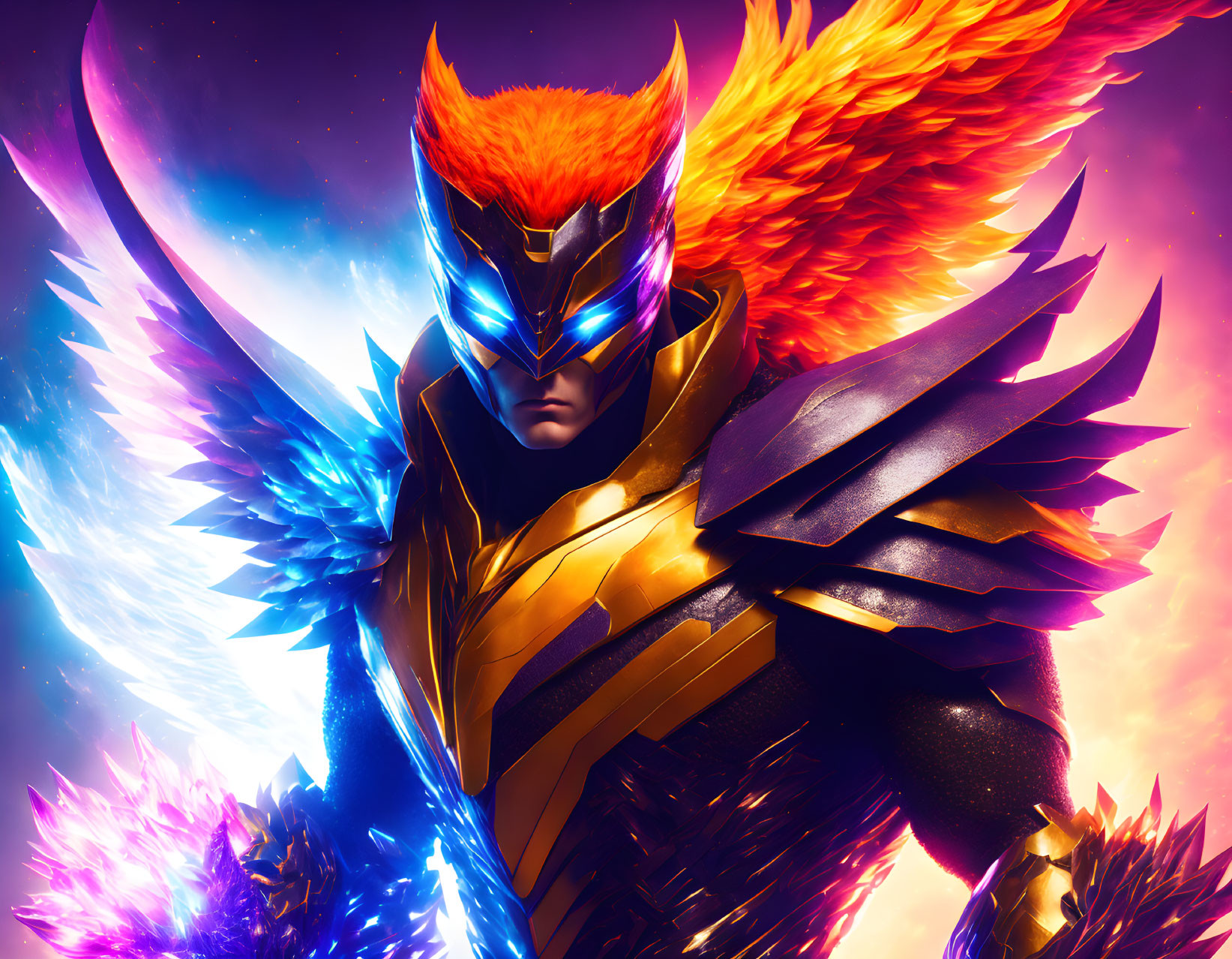 Digital art: Armored character with orange and blue wings and glowing visor