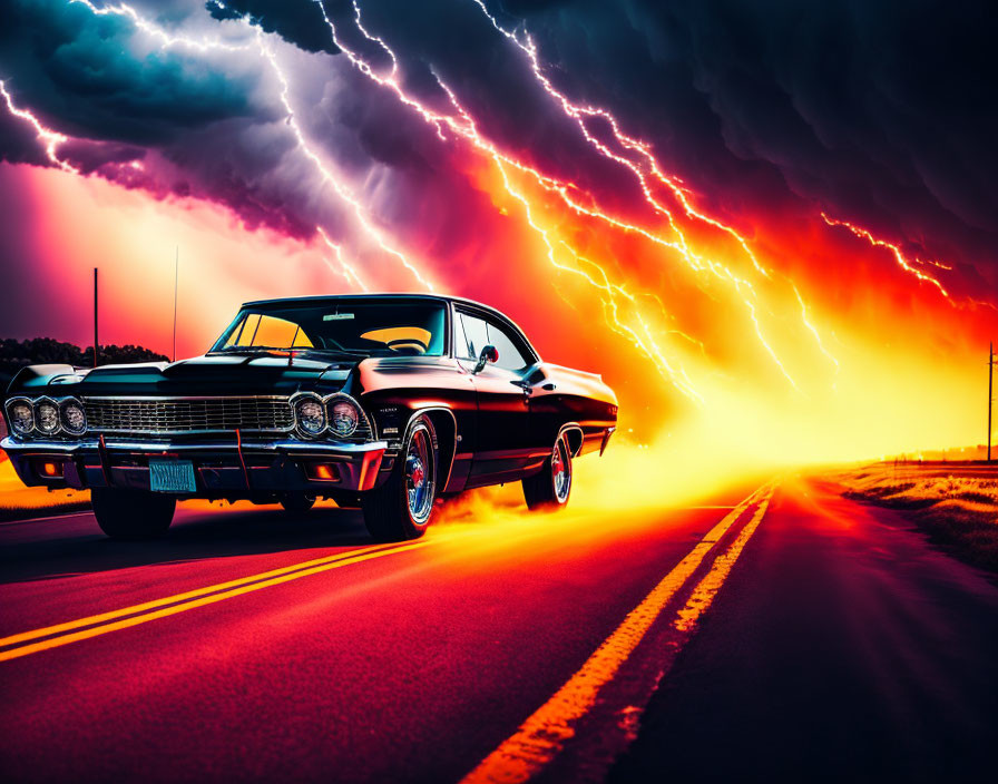 Classic Black Car Speeding Under Dramatic Sky with Lightning and Sunset