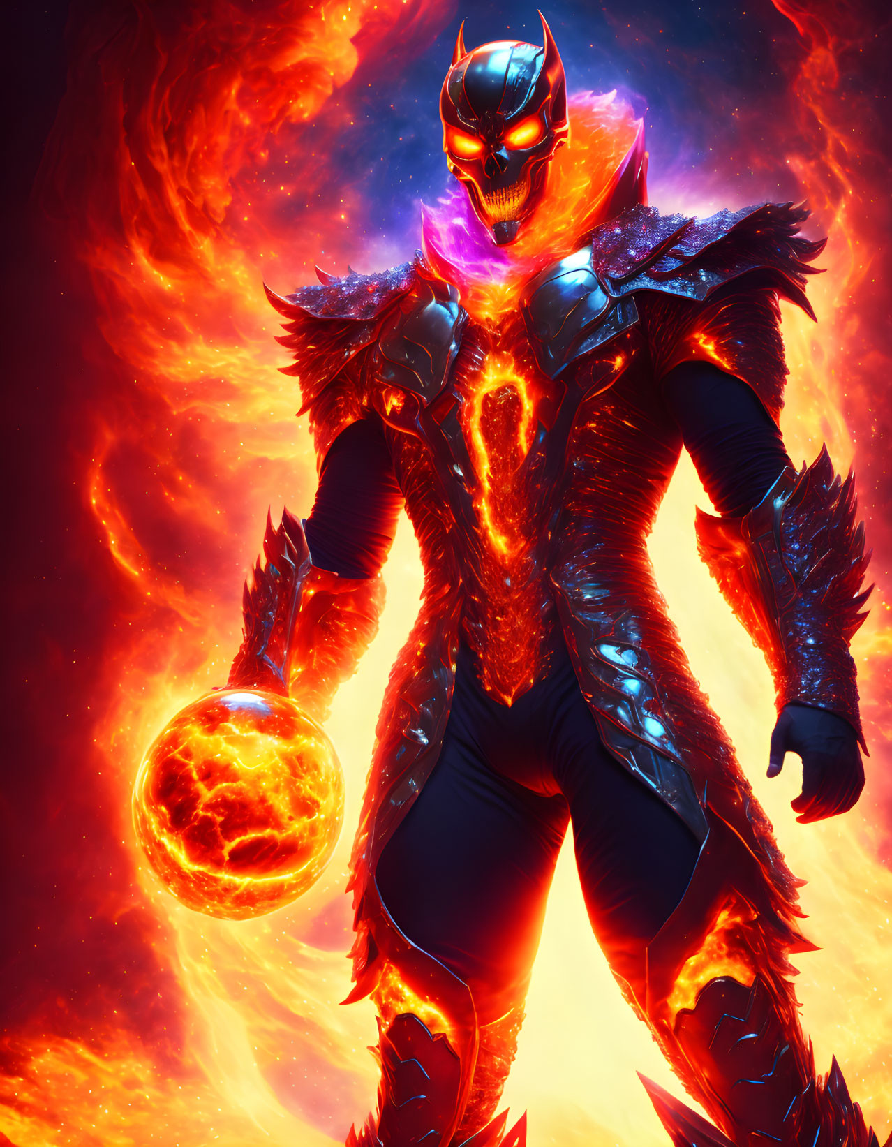 Fiery demonic figure with skull mask holding flaming orb in lava surroundings