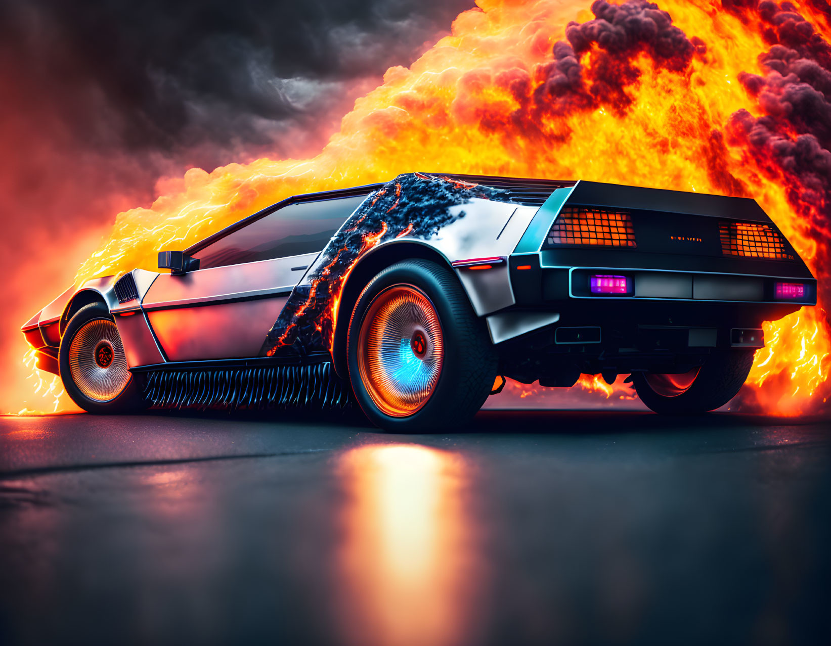 Glowing wheels and fiery trails: DeLorean car in iconic time-travel scene