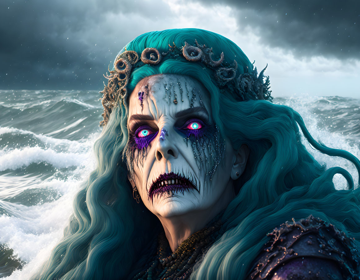 Sea witch with green-blue hair and skull-like face makeup emerges from stormy waves