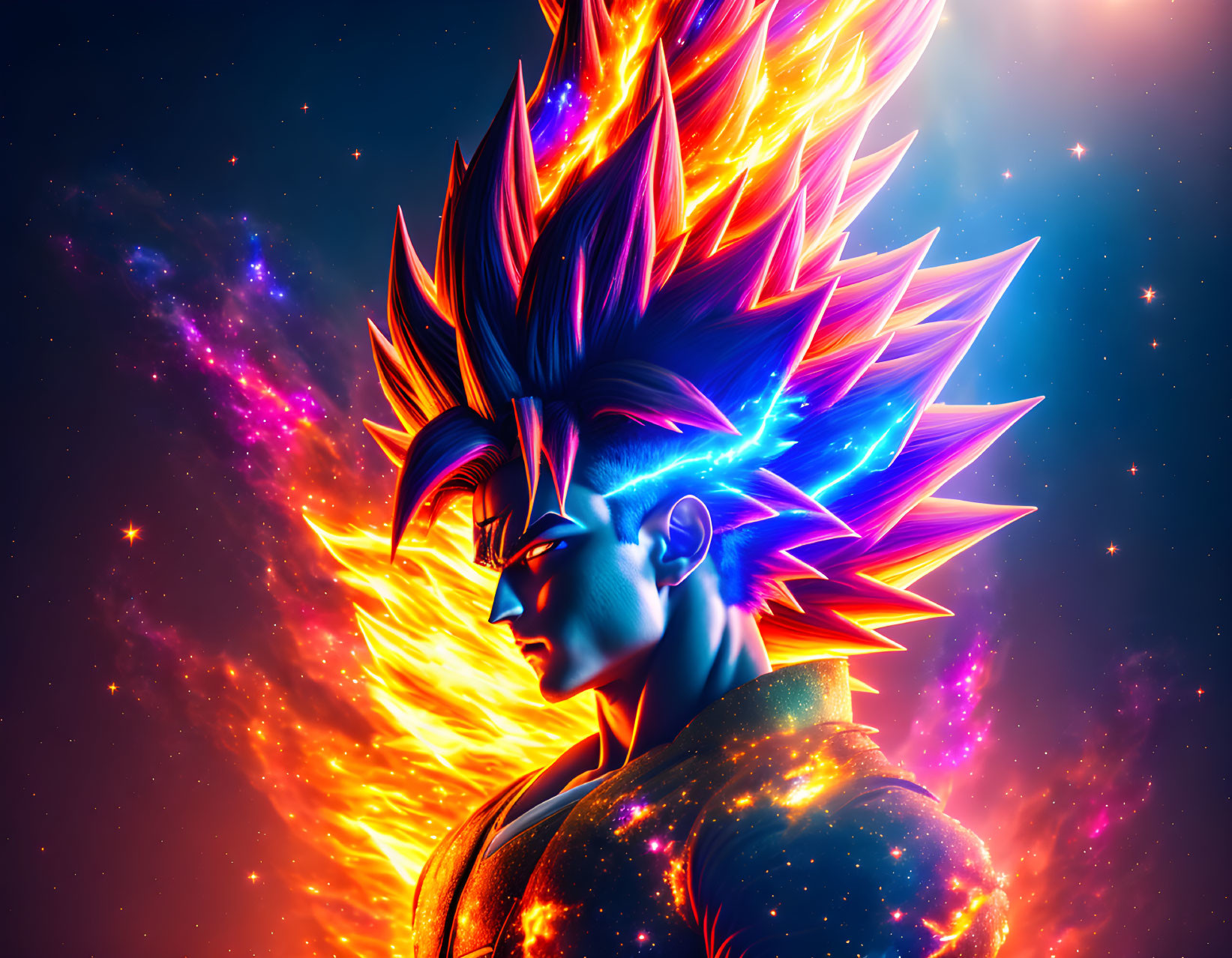 Vibrant Cosmic Backdrop with Spiky, Multicolored Hair