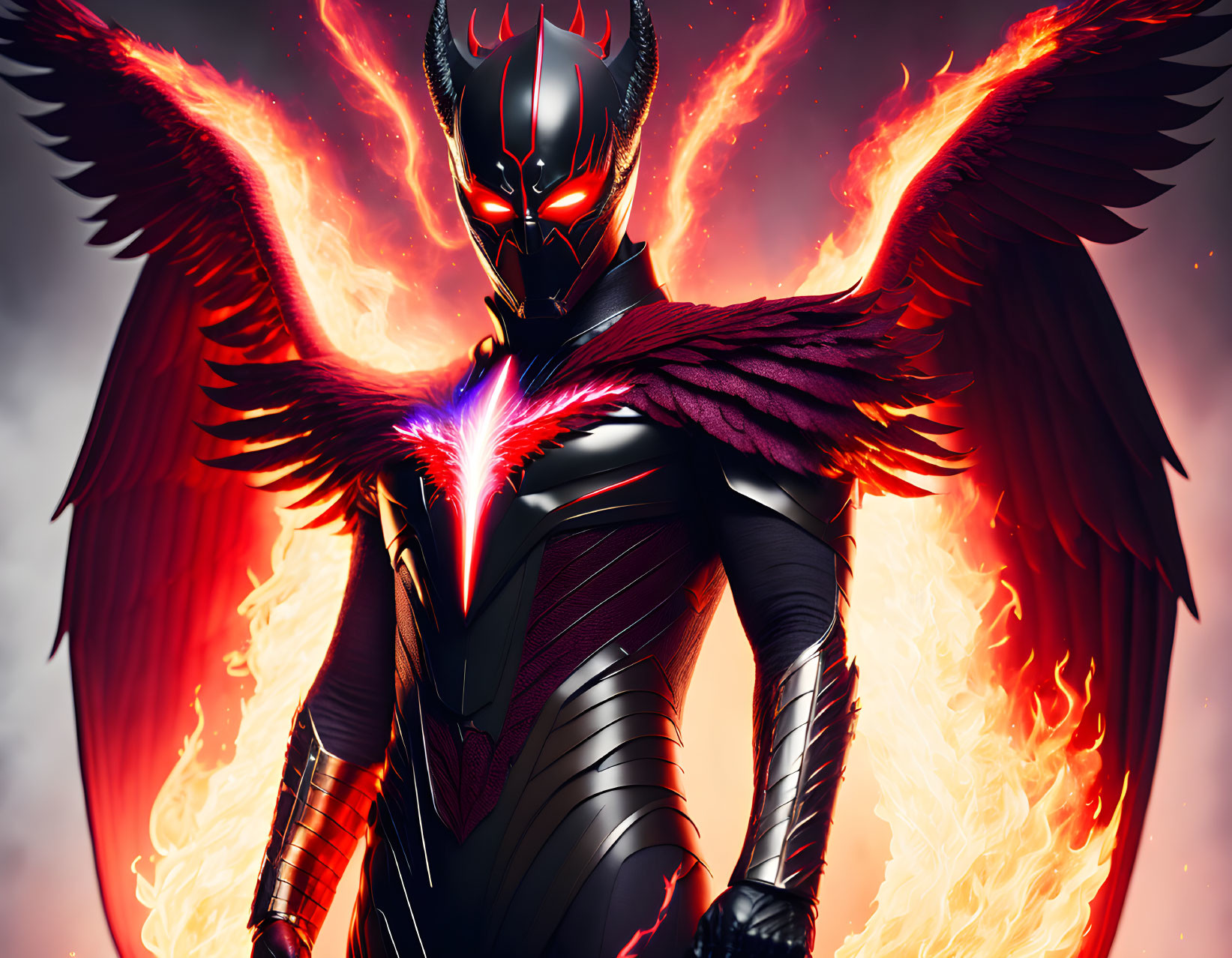 Fiery backdrop with character in black and red suit emitting energy